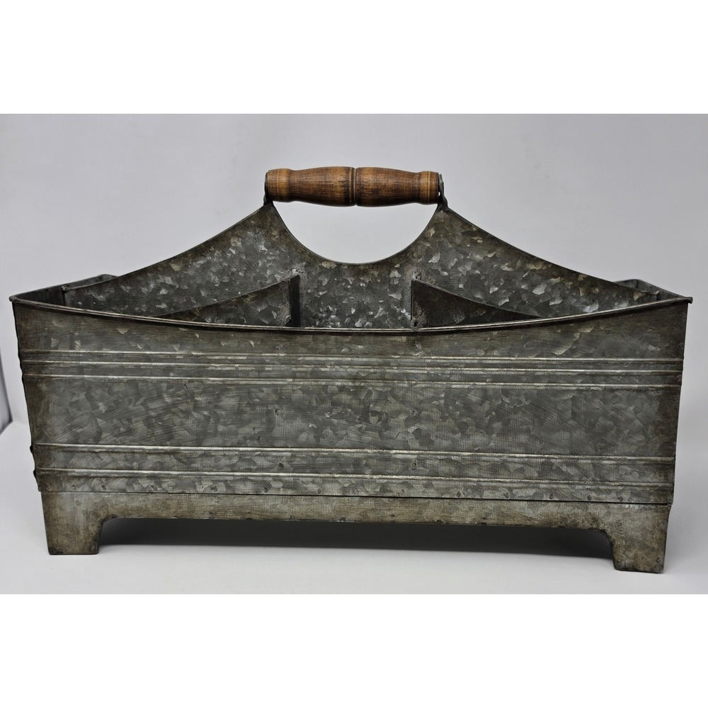 Galvanized Metal Caddy Organizer Wood Handle Farmhouse Divided Tool Box Tray